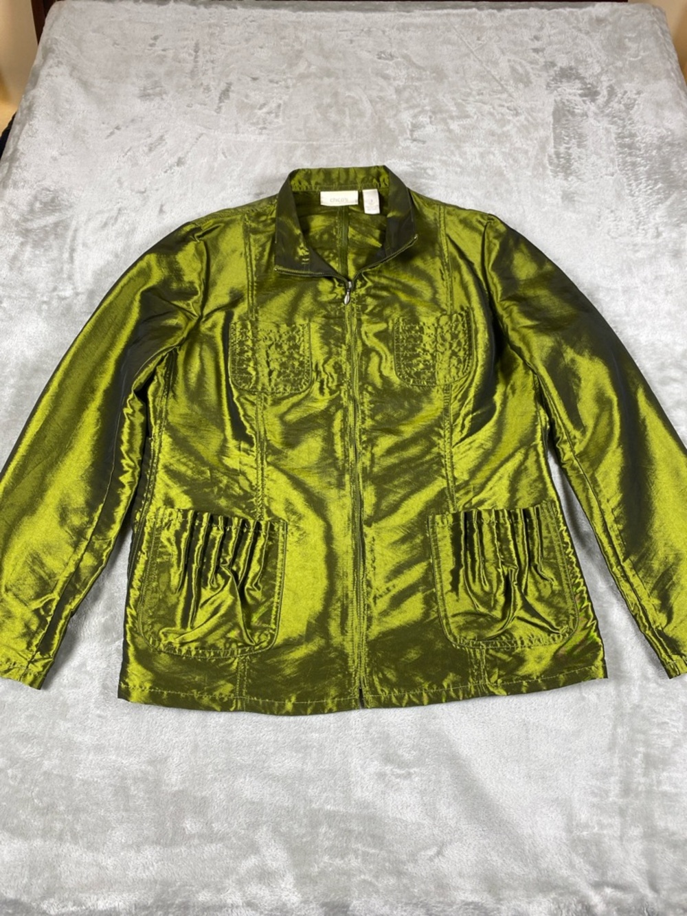 Chico's Woman’s Size 1 Medium 8-10 Olive Metallic Shimmer‎ Lightweight Jacket
